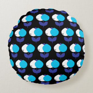 Geometric Tulips Blue and Black Round Cushion