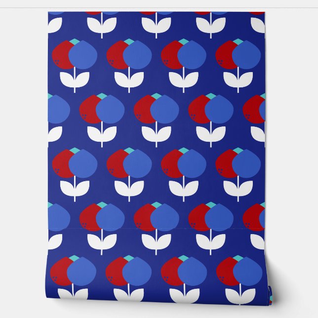 Geometric Tulips Red and Blue Wallpaper (Unrolling)
