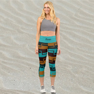 Geometric Turquoise Black and Brown  Capri Leggings