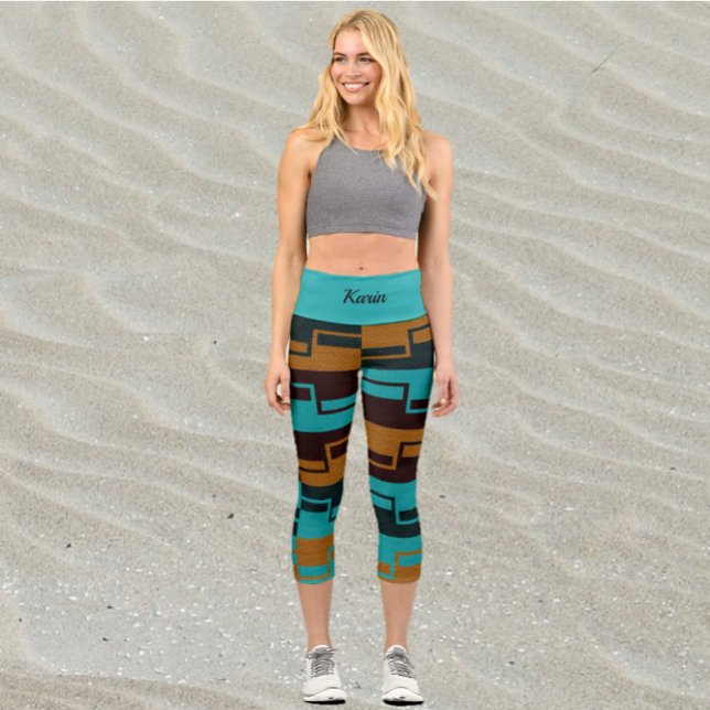 Geometric Turquoise Black and Brown  Capri Leggings (Creator Uploaded)