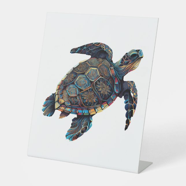 Geometric Turtle Colorful Abstract Rainbow Pedestal Sign (Front)