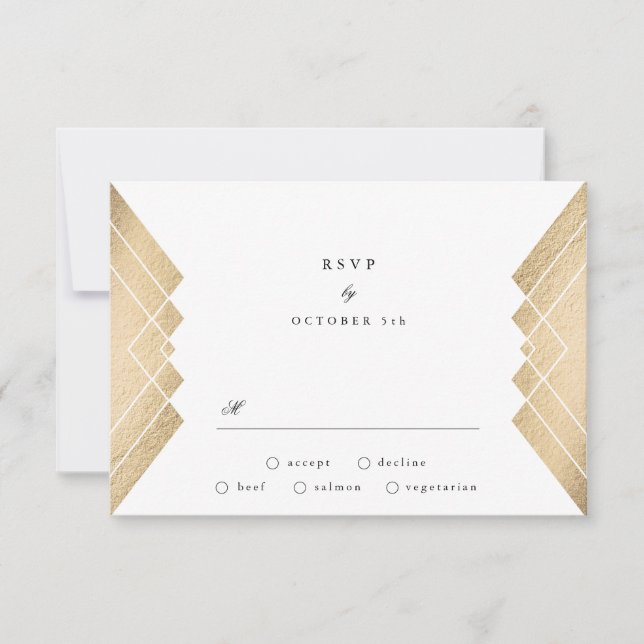 Geometric Vintage Grey Gold Gatsby Wedding RSVP Card (Front)