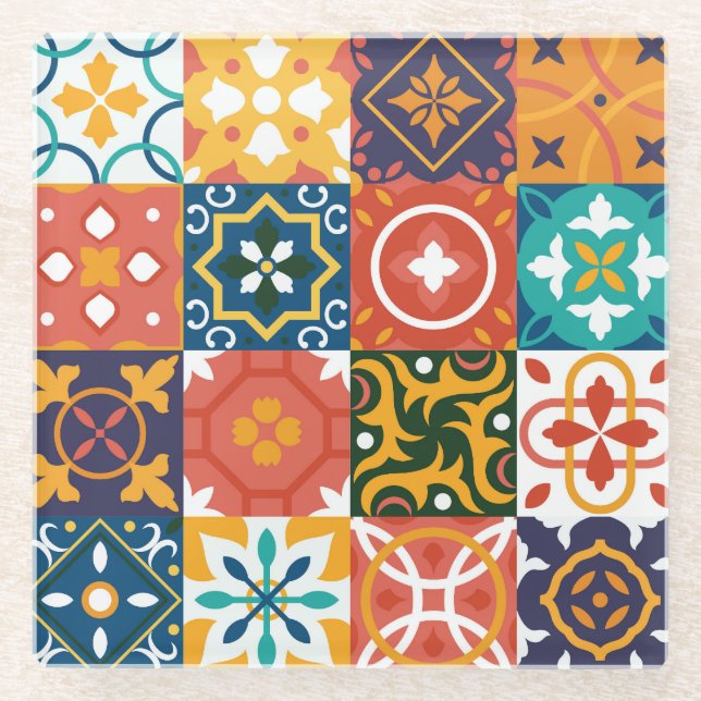 Geometric Vintage Tiles Ornate Pattern Glass Coaster (Front)