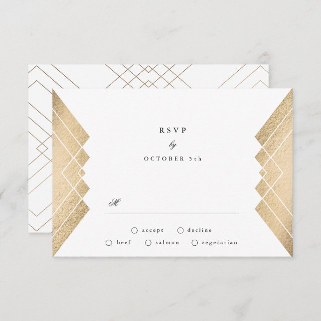 Geometric Vintage White Gold Gatsby Wedding RSVP (Front/Back)