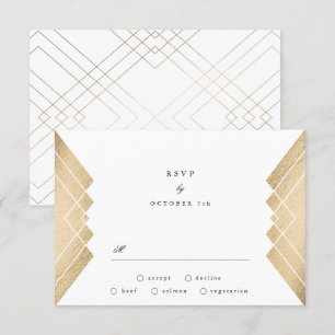 Geometric Vintage White Gold Gatsby Wedding RSVP Card