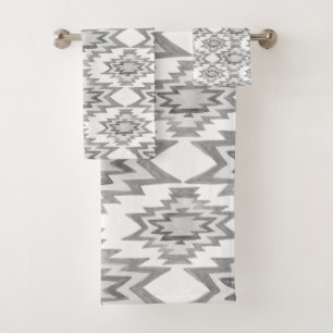 Geometric Watercolor Boho Grey White Pattern Bath Towel Set
