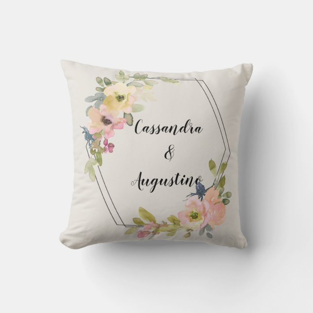 Geometric Watercolor Floral Couples Names Cushion (Front)