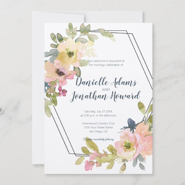 Geometric Watercolor Floral Wedding Invitation (Front)