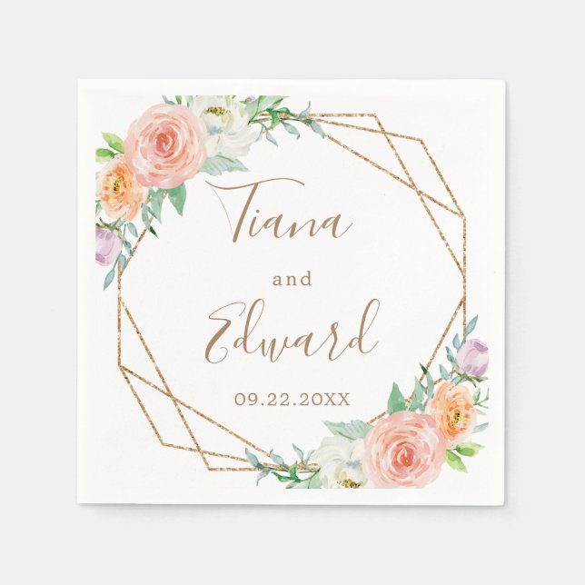 Geometric Watercolor Flowers Wedding Paper Napkin (Front)
