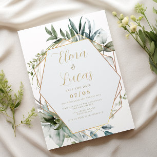 Geometric watercolor mint gold leaves wedding invitation