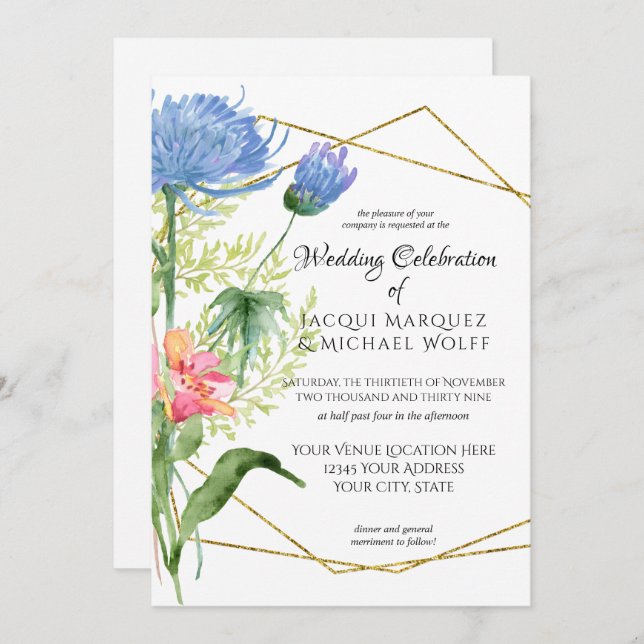 Geometric Watercolor Modern Floral Blue Wedding Invitation (Front/Back)