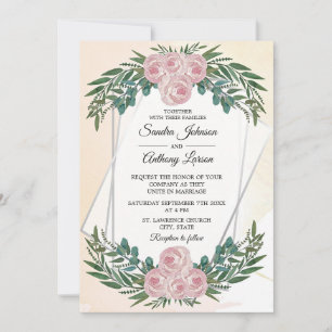 Geometric Watercolor Rose and Greenery Wedding Invitation