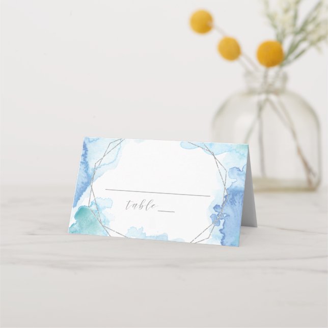 Geometric Watercolor | Silver Wedding Place Card (Front)