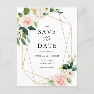 Geometric Watercolor Spring Blooms Save The Date Announcement Postcard