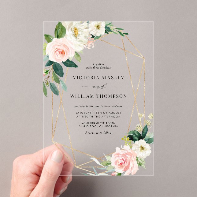 Geometric Watercolor Spring Blooms Wedding  Acrylic Invitations (Insitu (Handheld))
