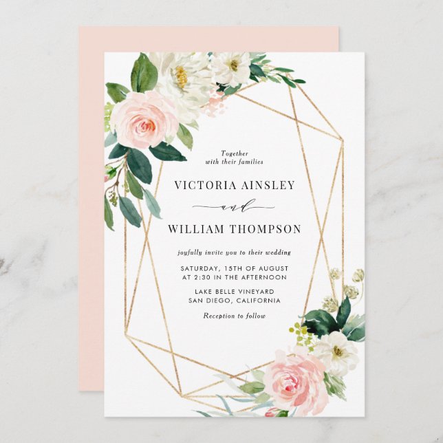 Geometric Watercolor Spring Blooms Wedding Invitation (Front/Back)