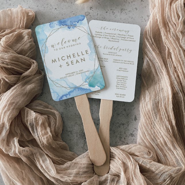 Geometric Watercolor Wedding Program Hand Fan (Creator Uploaded)