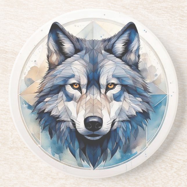 Geometric Watercolor Wolf Coaster (Front)
