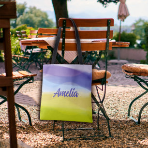 Geometric wave lime yellow lavender with name  tote bag