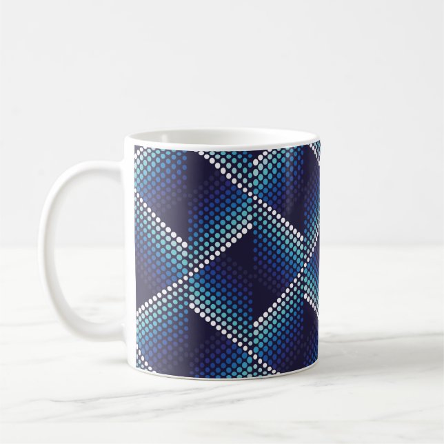 Geometric wavy seamless pattern with dots in blue  coffee mug (Left)