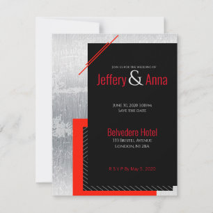 Geometric wedding red, black, grey, white stripes invitation