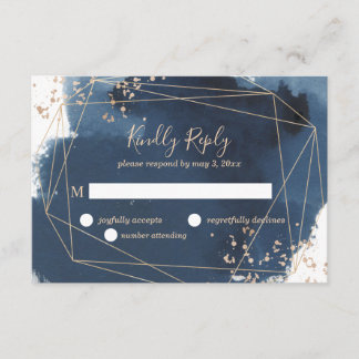 Geometric wedding RSVP in navy and gold Card