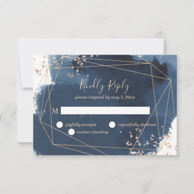 Geometric wedding RSVP in navy and gold Card (Front)