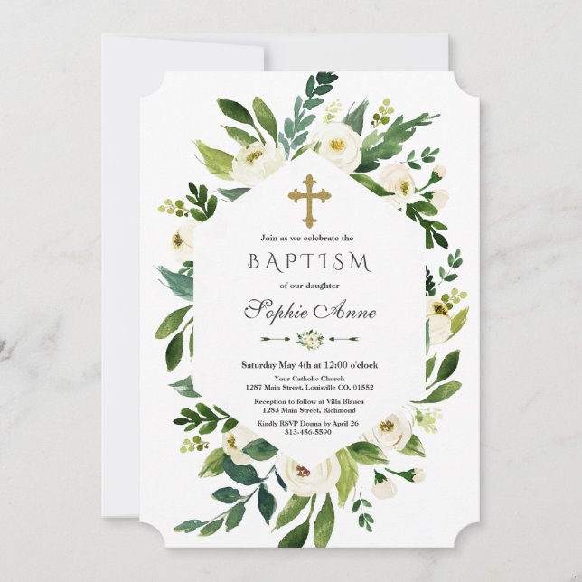 Geometric White Blooming Floral Peonies Baptism Invitation (Front)