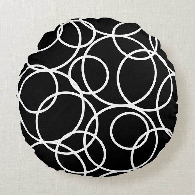 Geometric White Circles Black Modern Abstract  Round Cushion (Front)