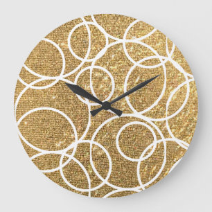 Geometric White Circles Gold Glitter Abstract Large Clock