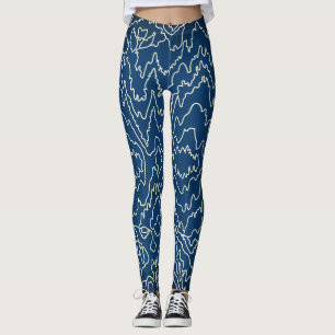 Geometric White Curvy lineson Blue Leggings