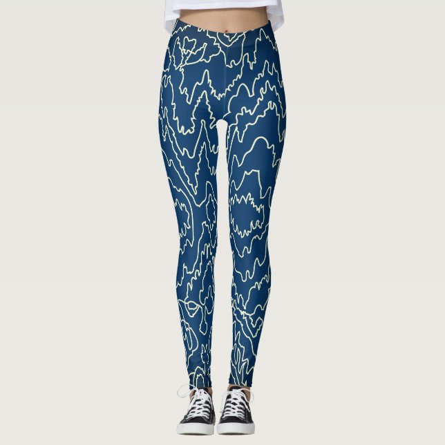 Geometric White Curvy lineson Blue Leggings (Front)