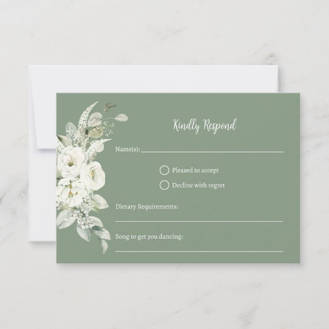 Geometric White Floral Sage RSVP Card (Front)
