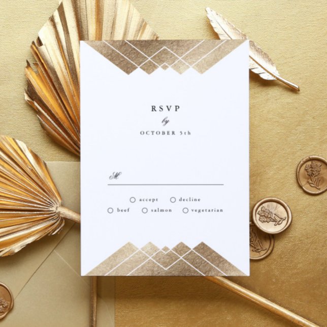 Geometric White Gold Gatsby Wedding RSVP Card (Creator Uploaded)