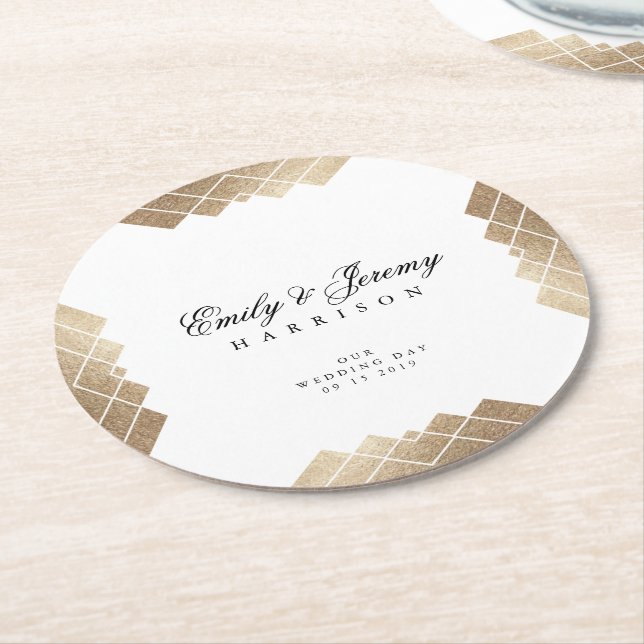 Geometric White Gold Gatsby Wedding Table Coaster (Angled)