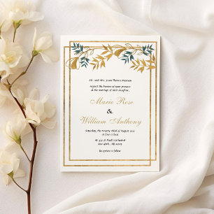 Geometric white gold grayish cyan foliage Wedding  Invitation
