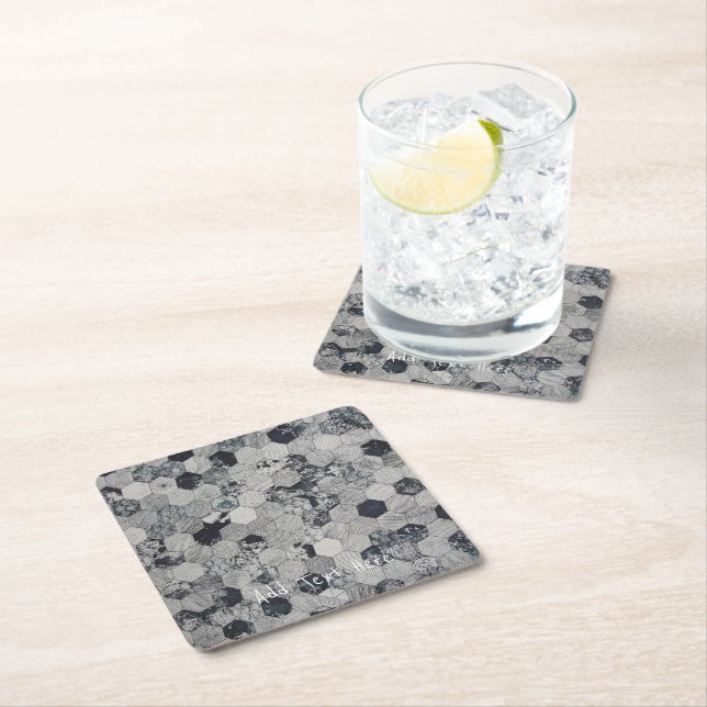 Geometric White, Grey, and Black Hexagon Pattern Square Paper Coaster (Insitu)