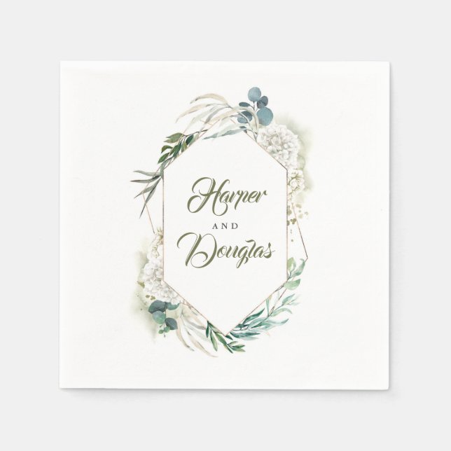 Geometric White Hydrangea and Greenery Wedding Napkin (Front)