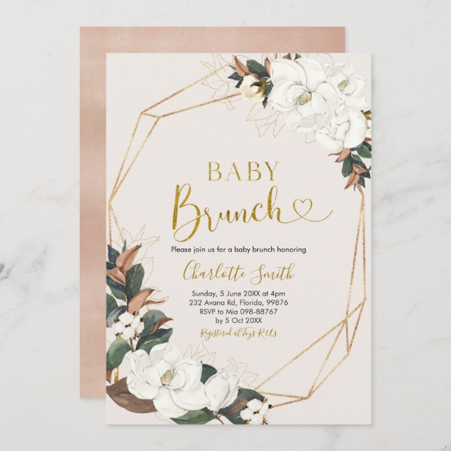 Geometric White Magnolia Baby Brunch Invitation (Front/Back)