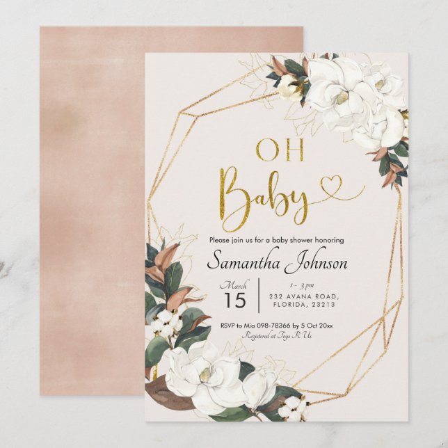 Geometric White Magnolia Oh Baby Baby Shower Invitation (Front/Back)