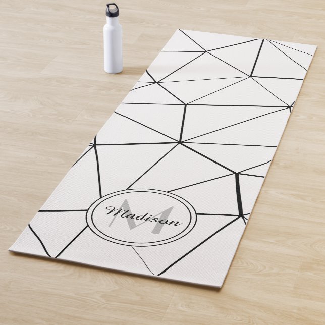 Geometric white triangles black lines Monogram Yoga Mat (In Situ)