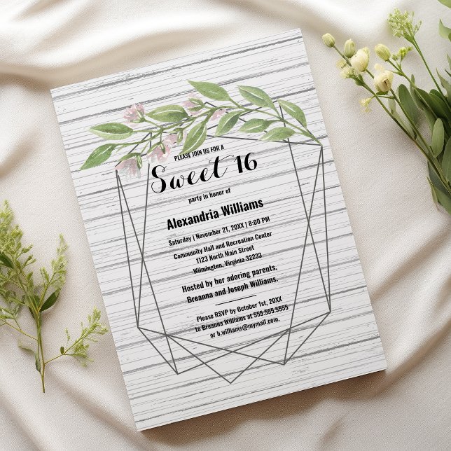 Geometric white wood green floral Sweet 16 Invitation (Geometric white wood green floral Sweet 16)