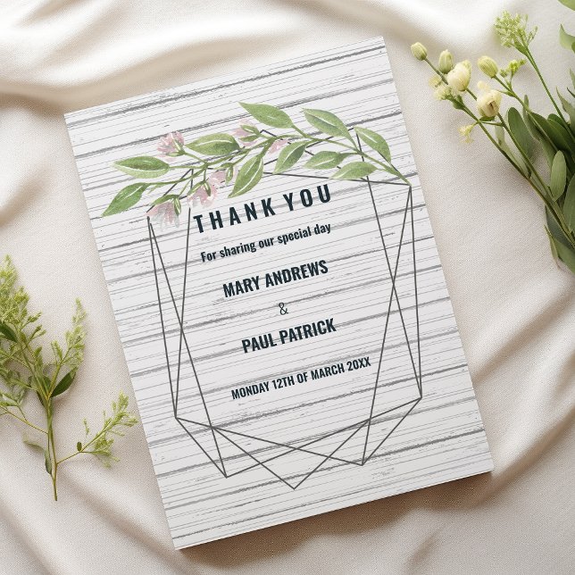 Geometric white wood green floral thank you card (Geometric white wood green floral thank you )