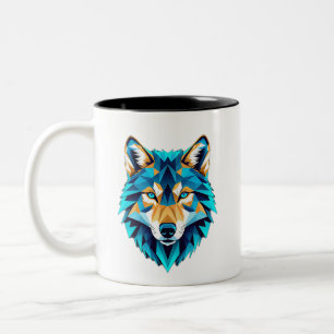 Geometric Wolf Head – Neon Blue Low Poly Animal Ar Two-Tone Coffee Mug