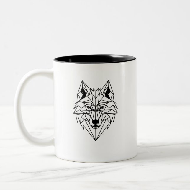 Geometric Wolf Head Sharp Line Design Two-Tone Coffee Mug (Left)