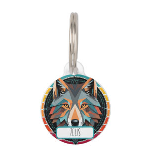 Geometric Wolf Head with Retro Colours  Pet Tag