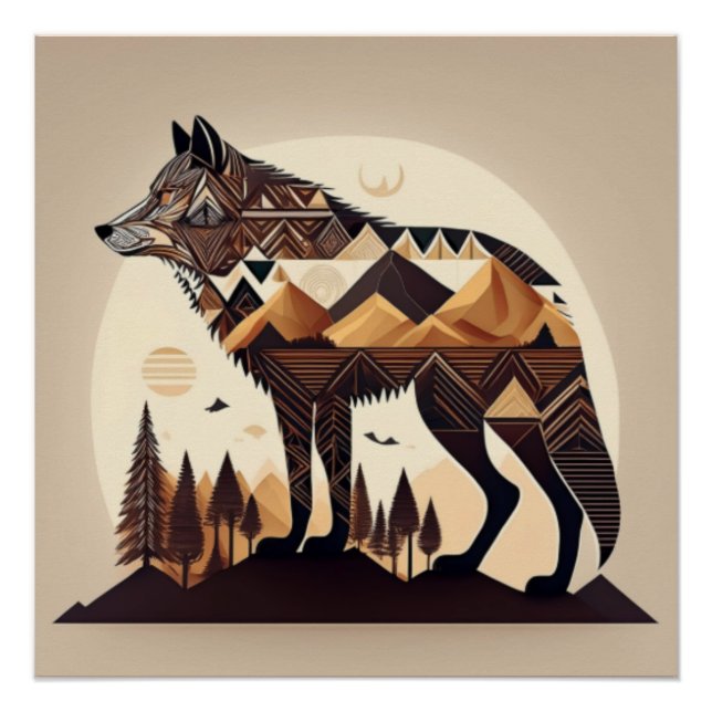 Geometric Wolf Mountain Scene Design Poster (Front)