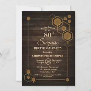 Geometric Wood Surprise 80th Birthday Party Invitation