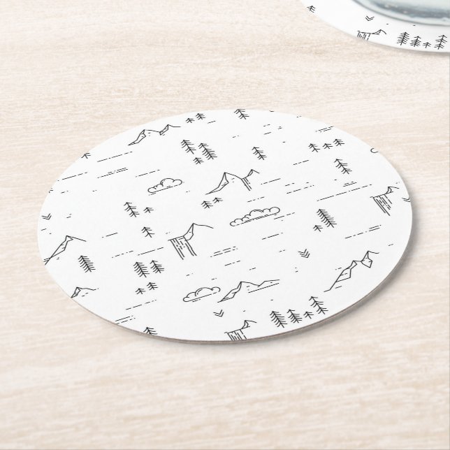 Geometric Woodland Lines Landscape Pattern Round Paper Coaster (Angled)