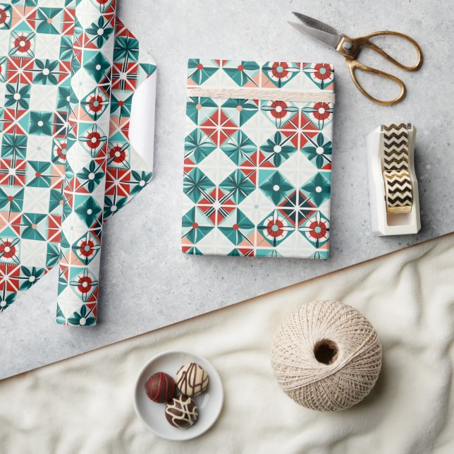 Geometric Xmas Blue Red Stylised Flowers Pattern  Wrapping Paper (Crafts)